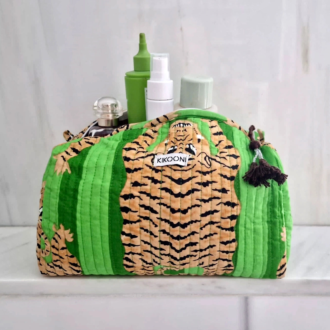handgemaakte toilettas "poppy Tiger" groen